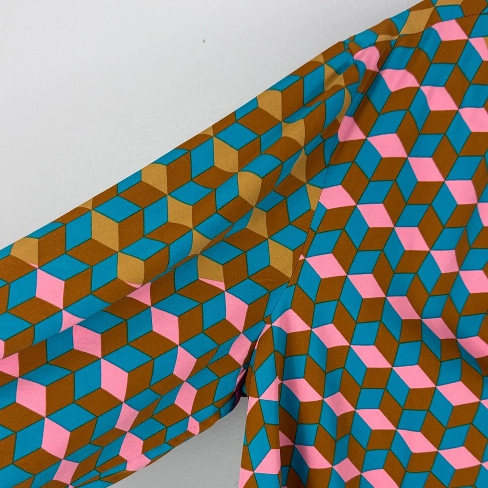 Rose & Olive Vibrant Multicolor Geometric Long Sleeve Cuff Hem Detail Med Blouse - Picture 4 of 11